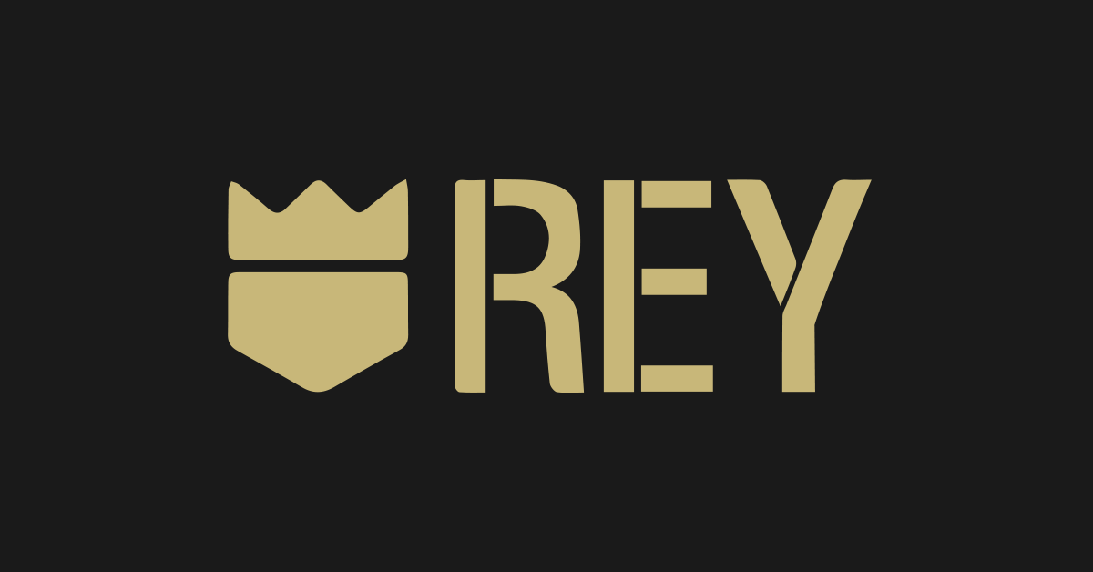 Gold “REY” logo with a shield icon on a dark background