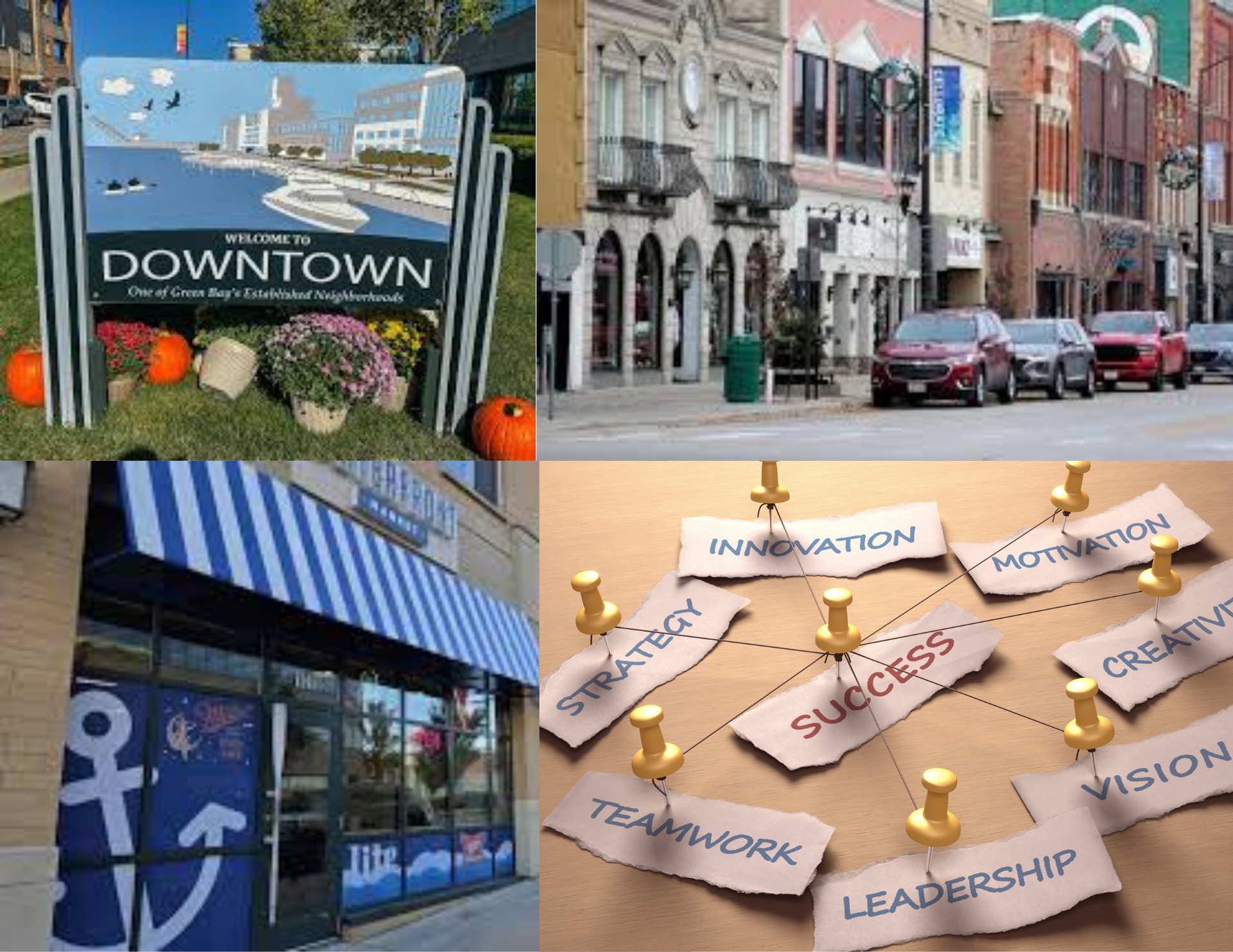 A collage of pictures shows a sign that says downtown