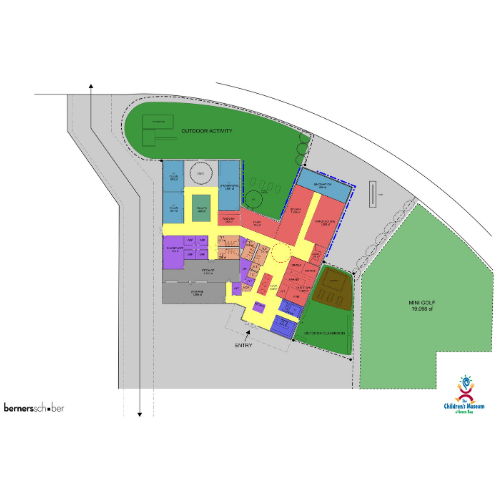 A colorful floor plan of a building with a circle in the middle