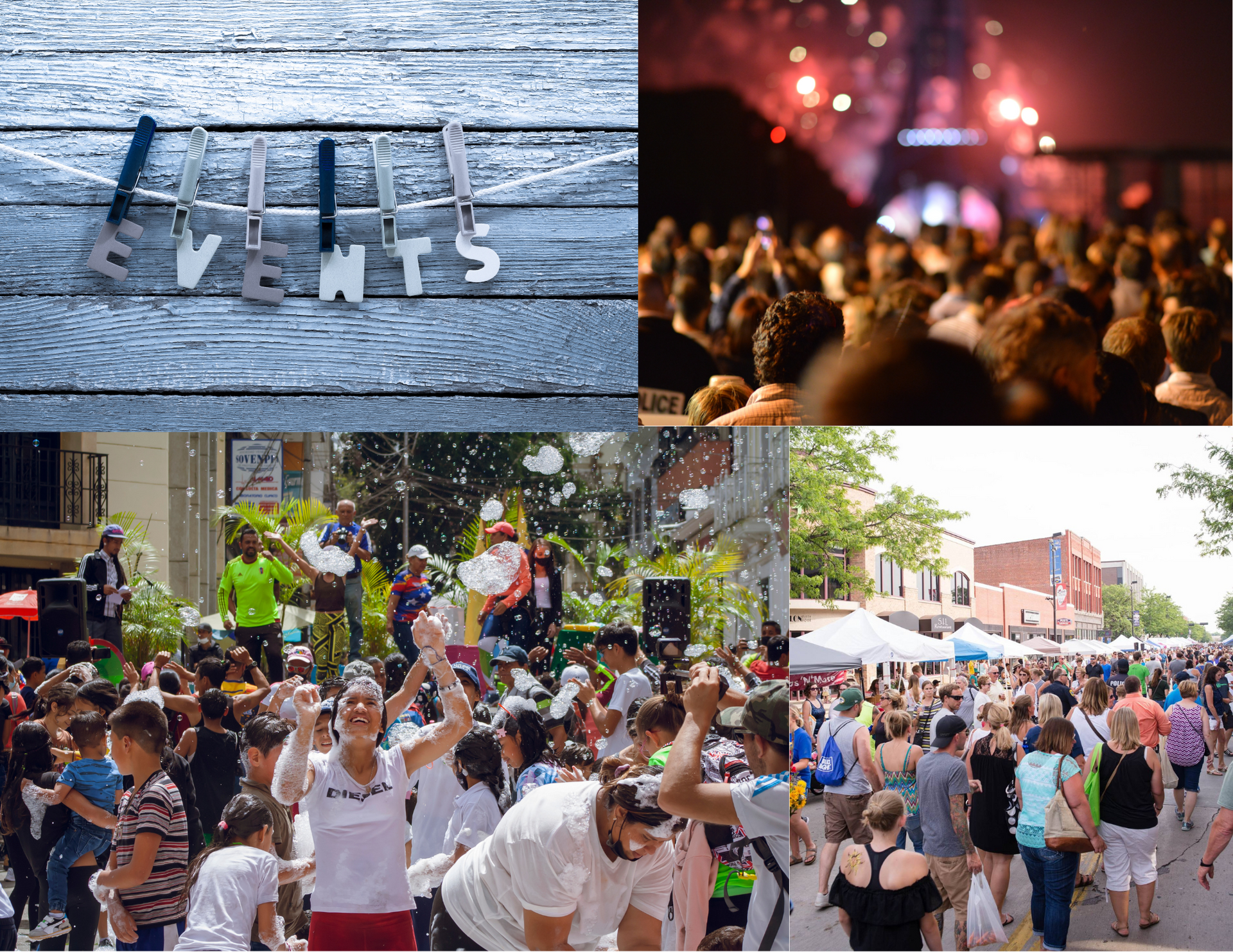 A collage of photos of people , a sign that says events and a crowd of people.