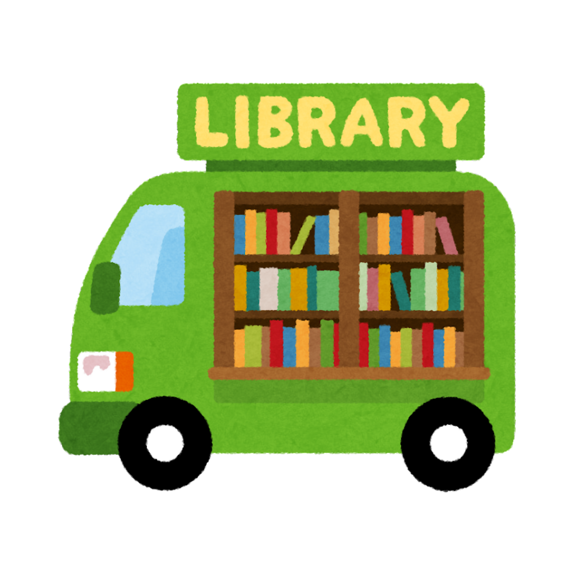 A green library truck filled with books on a white background.