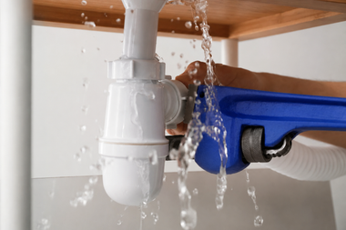 Water leaking from under a sink, with a white drain pipe and blue sink fixture.