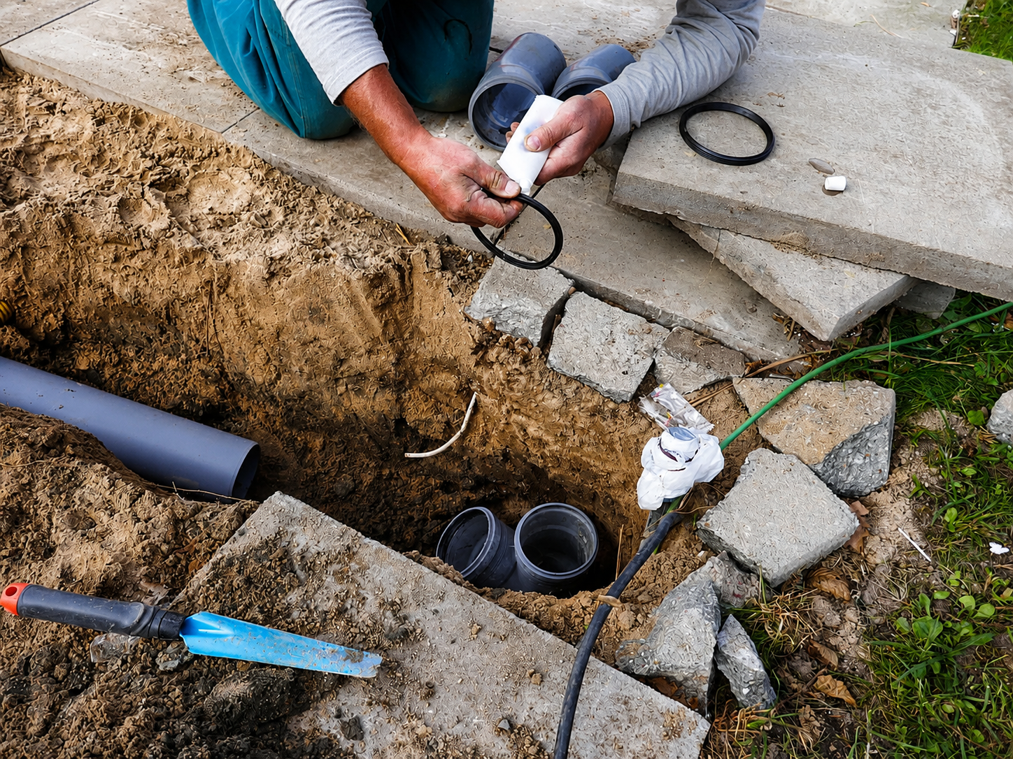 Worker connecting pipes in a trench beside a concrete slab with tools and rubble