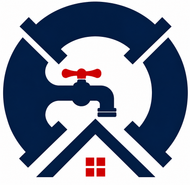 Blue plumbing logo with a faucet, roofline, and small red window accents