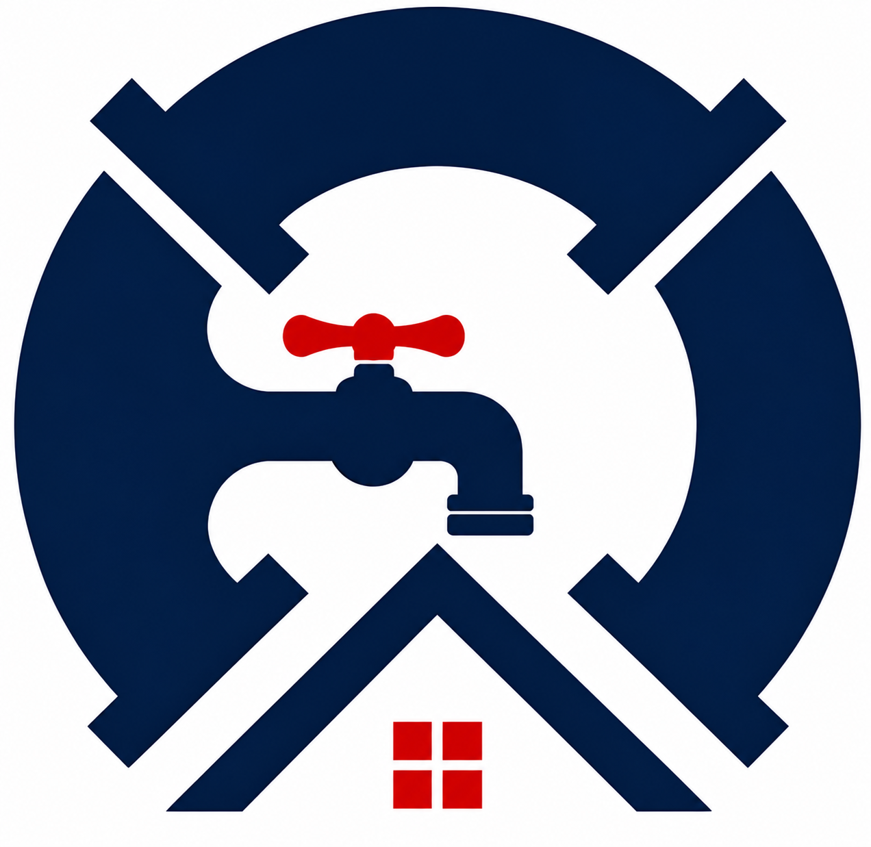 Blue water faucet logo over a house roof with red accents and a small red window icon