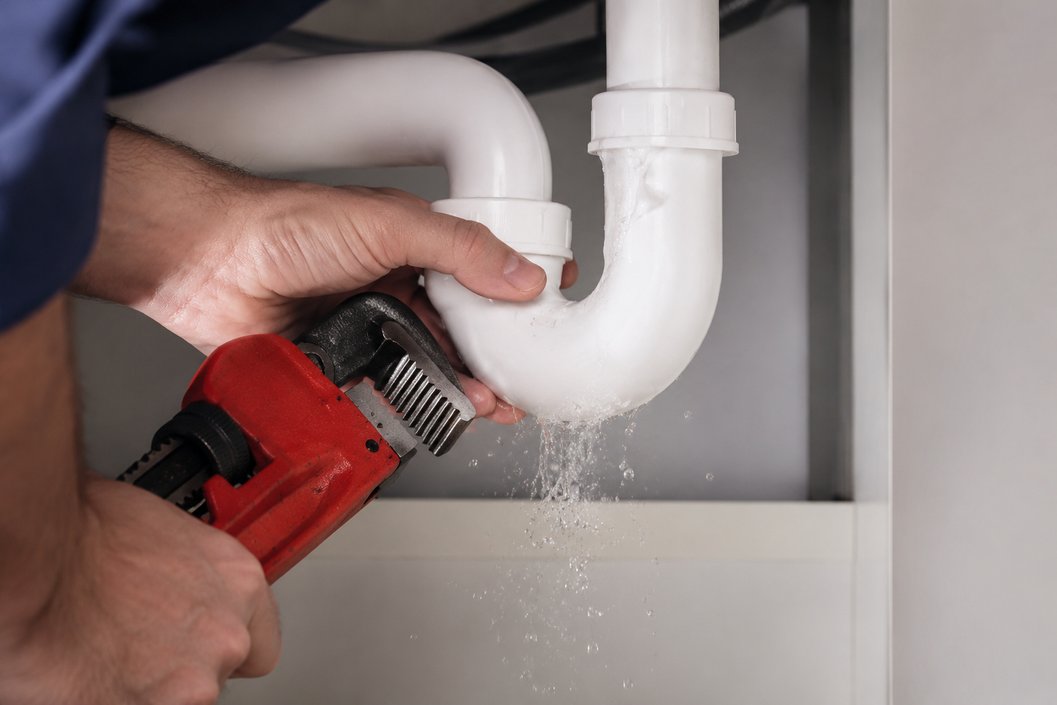 Hand using a red drill to cut a white PVC pipe under a sink, with plastic shavings falling