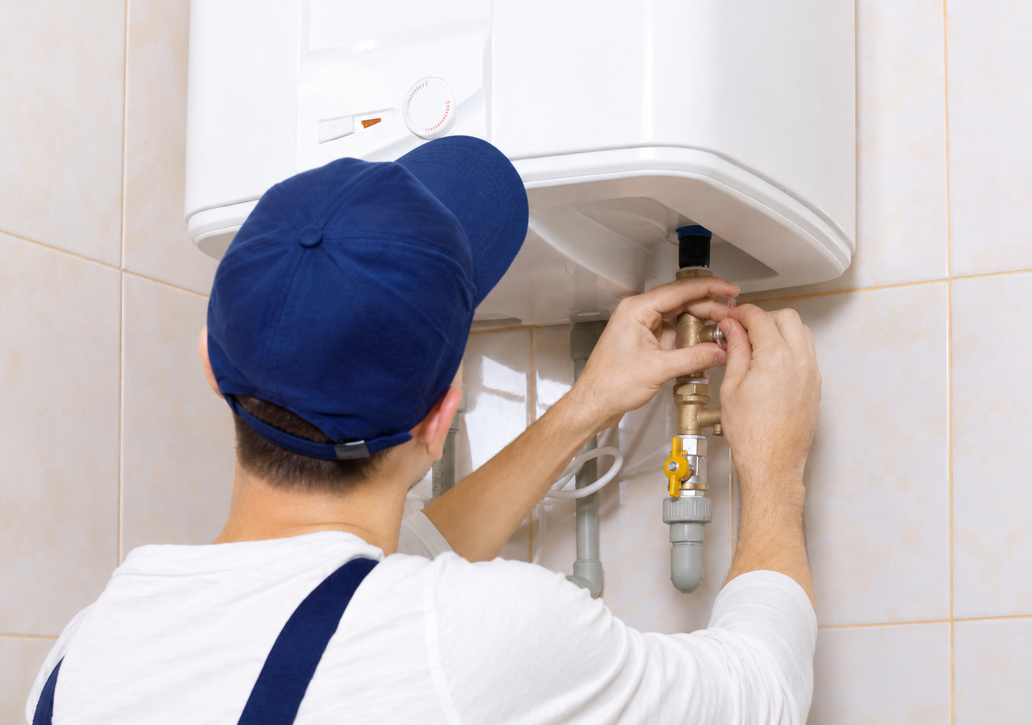 Person repairing a wall-mounted water heater with exposed pipes and tools in a tiled bathroom