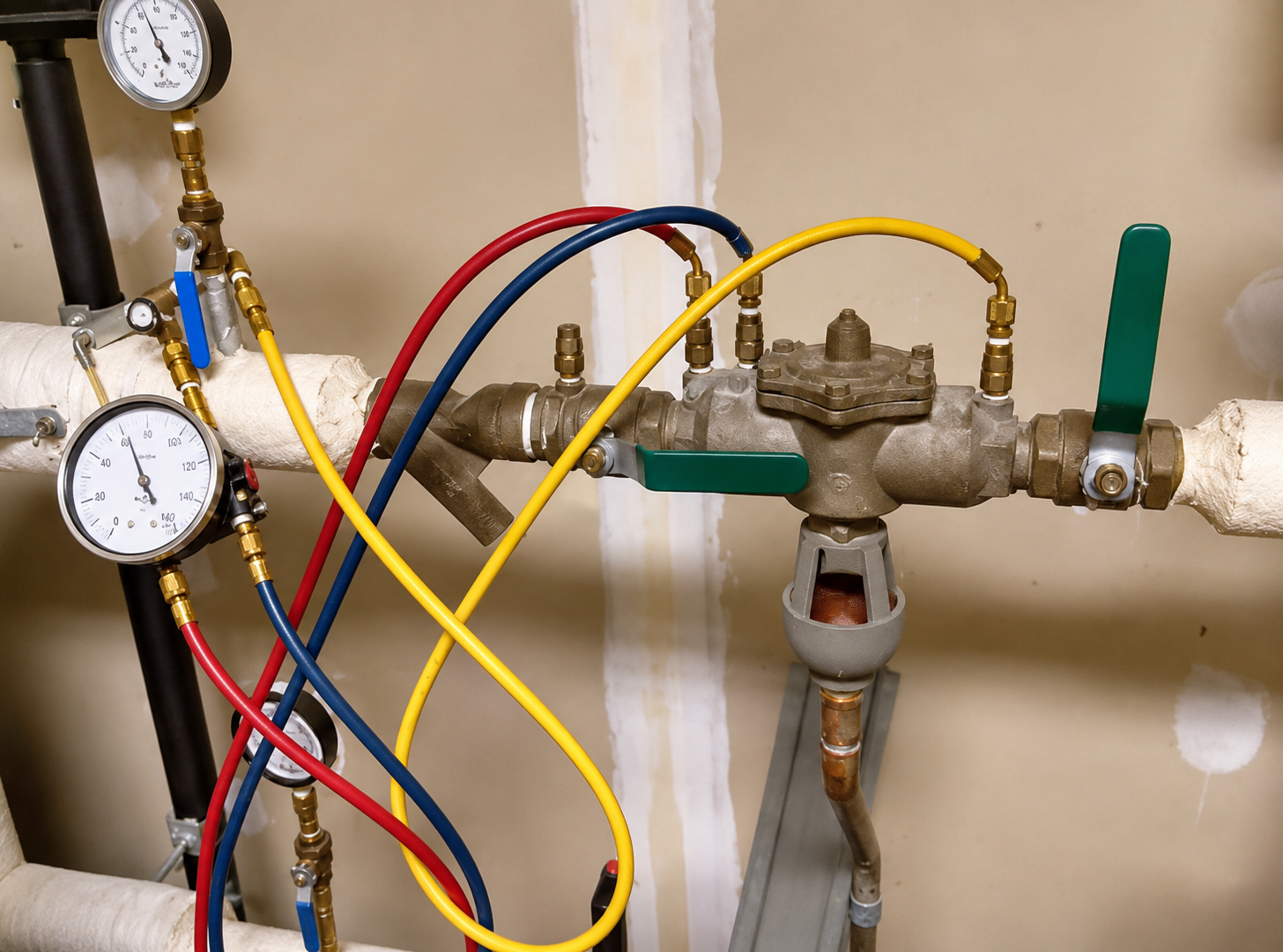 Pressure gauges and colored hoses connected to a metal valve on a pipe assembly