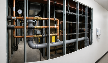 Exposed utility pipes and valves inside a wall opening in a hallway, with a thermostat on the right.