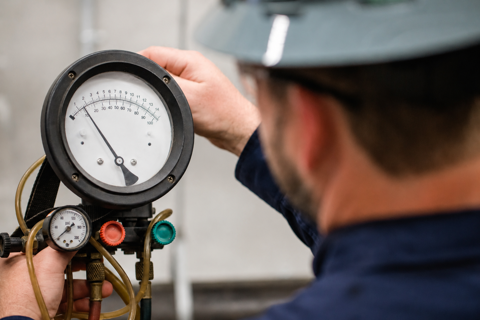 Technician checking a pressure gauge on industrial equipment in a workshop