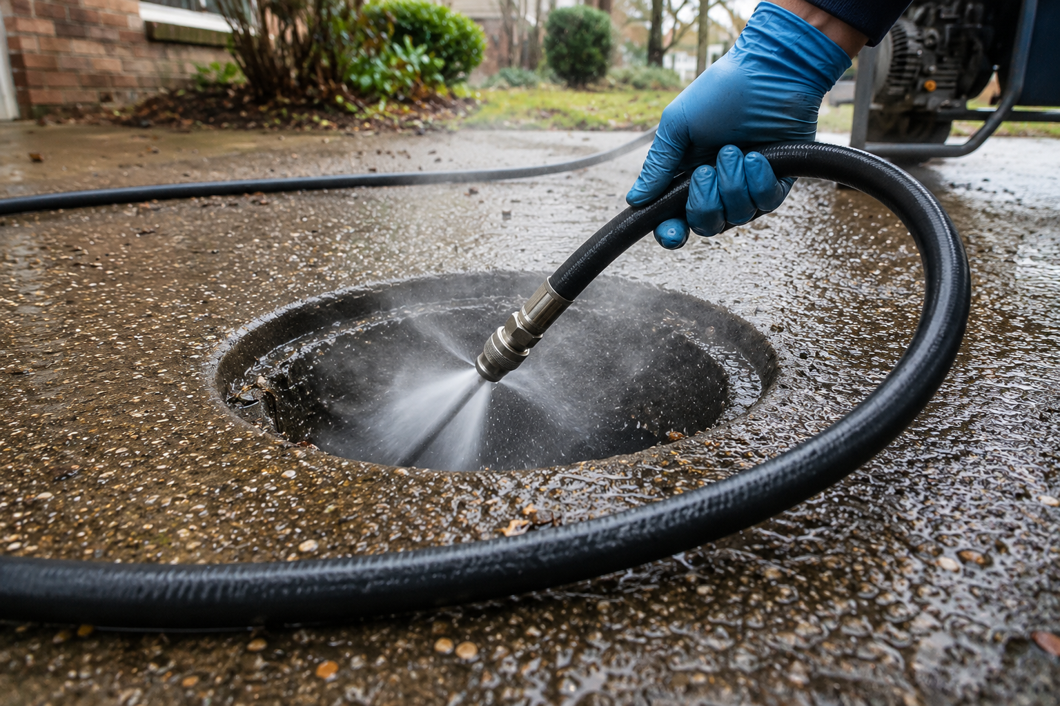 Gloved worker pressure-washing a circular drain on a wet driveway