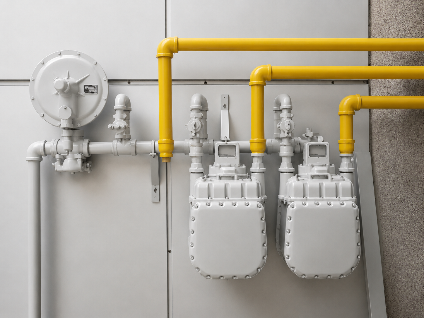 Yellow gas pipes and meters mounted on a gray industrial wall