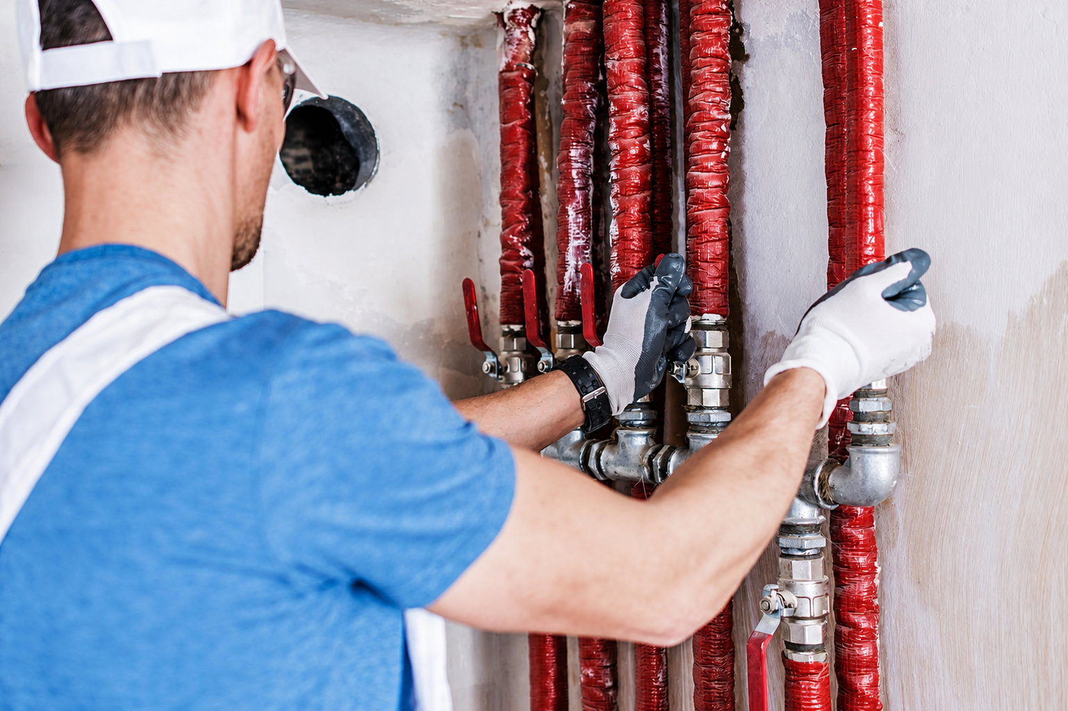 Technician inspecting red insulated pipes with a flashlight in a wall cavity