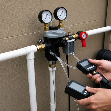Technician testing a plumbing valve assembly with gauges and handheld meters on white pipes
