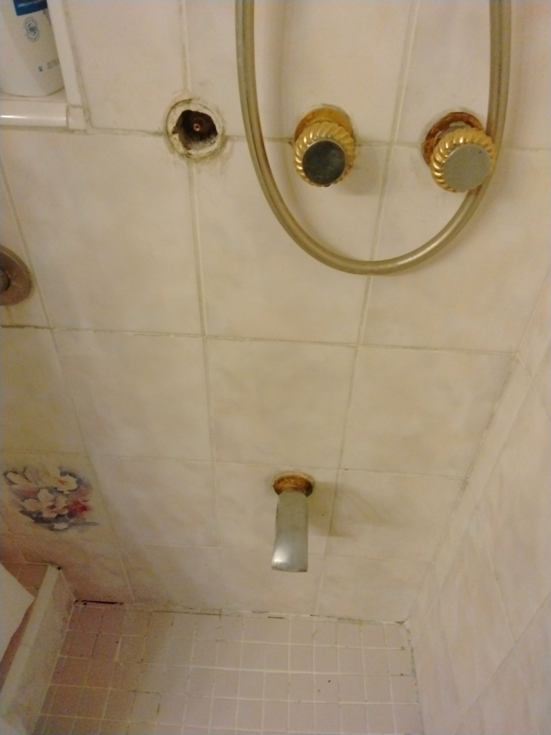 Shower stall with beige tiled walls, handheld shower hose, and two wall-mounted knobs.