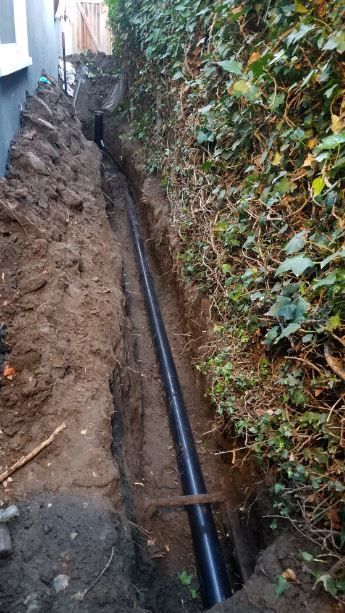 Trenched soil beside a hedge and wall, with a black pipe running along the narrow dug path.
