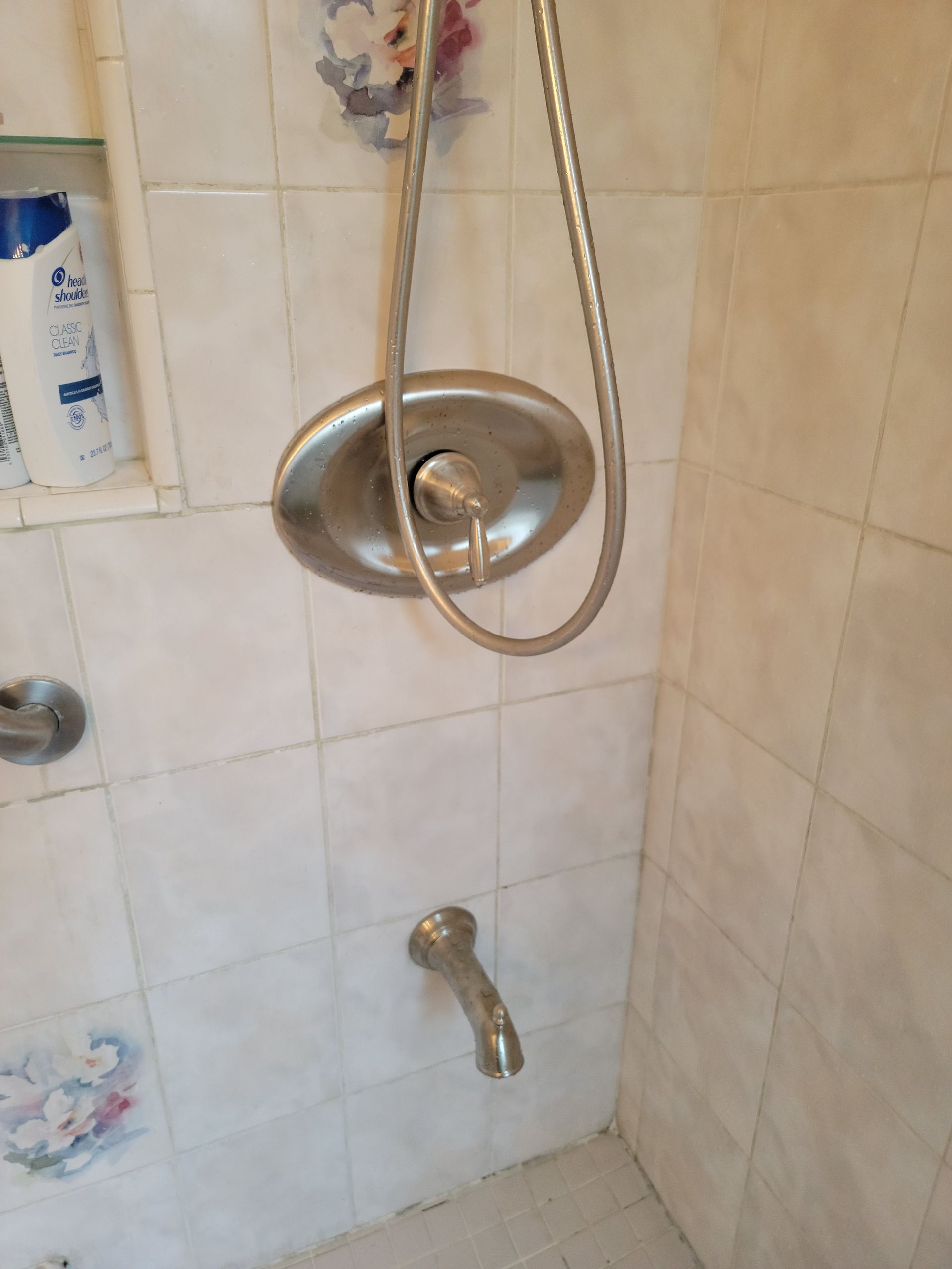 Shower stall with tiled wall, chrome showerhead, hose, and faucet.
