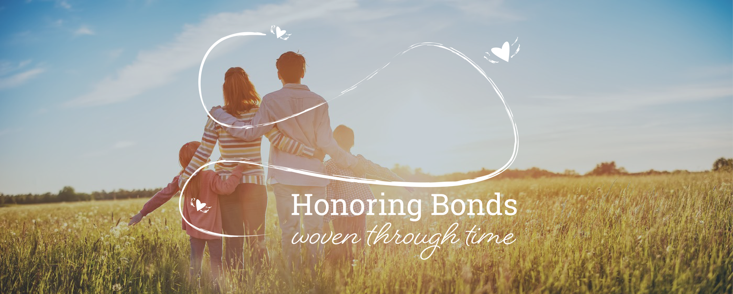 A family walking through a golden field under a bright sky with an overlay of a glowing infinity loop and text.