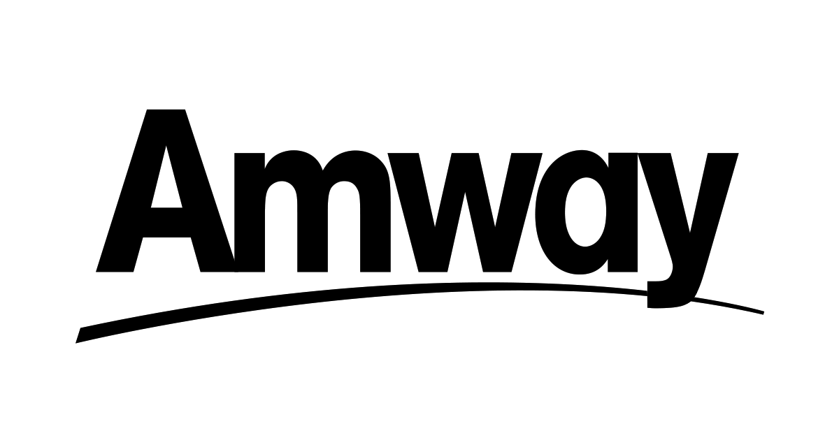 A black and white logo for amway on a white background.