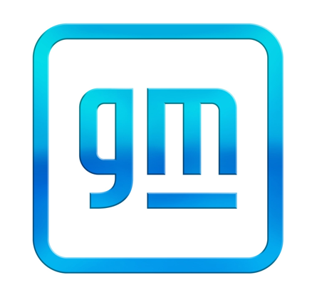 A blue and white gm logo on a white background