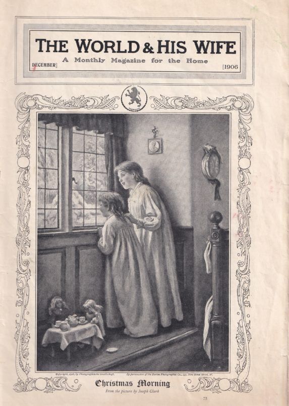 Victorian magazine cover showing a woman and child by a window, looking out at a snowy scene