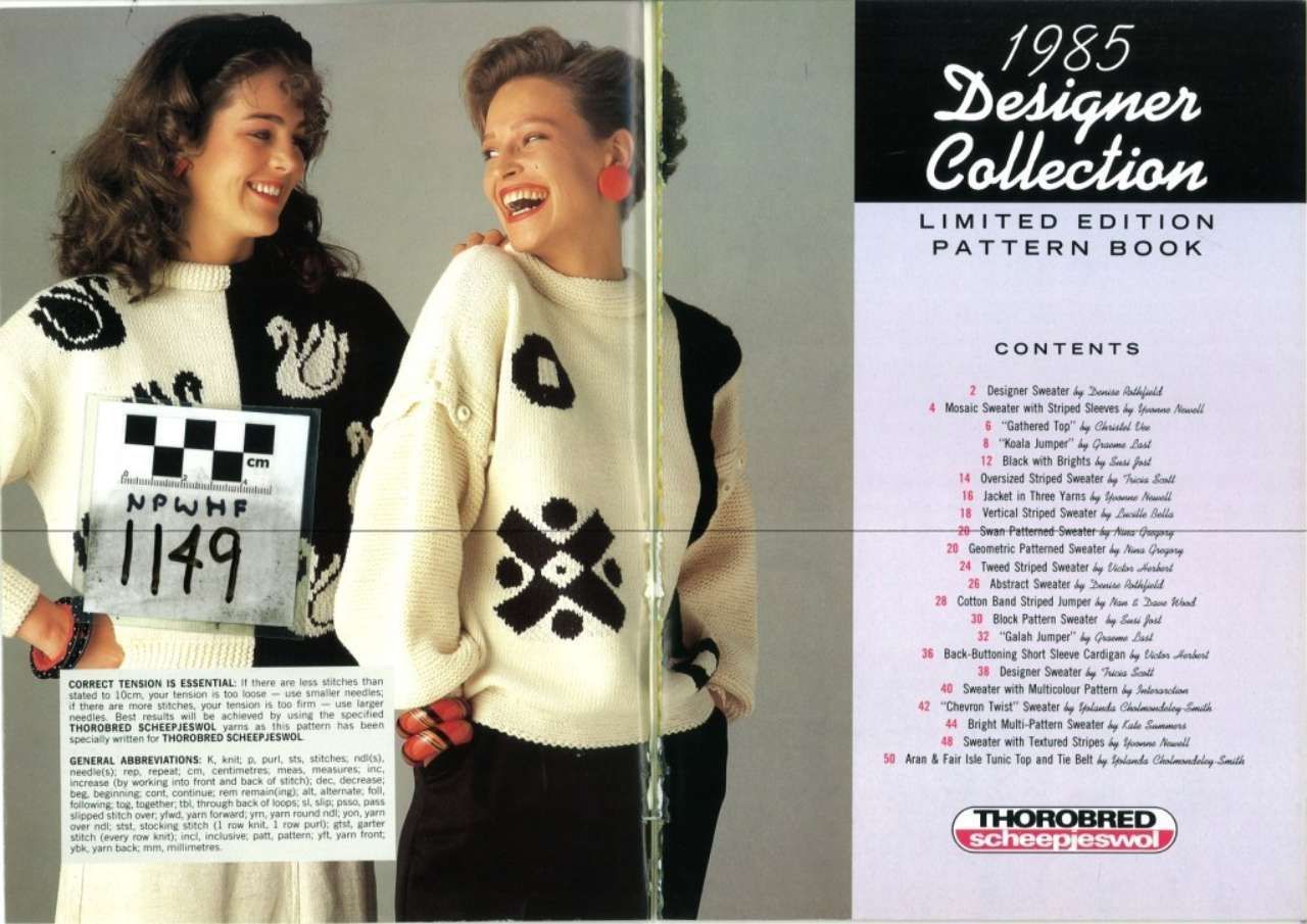 1985 designer collection pattern book cover with two smiling models in black-and-white sweaters