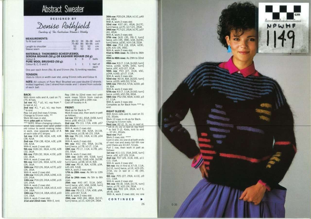 Magazine page showing a sweater pattern and a model wearing a striped black sweater with a purple skirt.