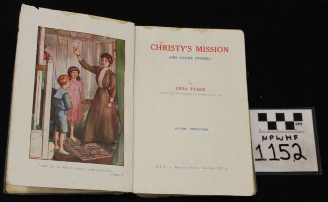 Open book titled “Christy’s Mission” with an illustrated scene on the left page.