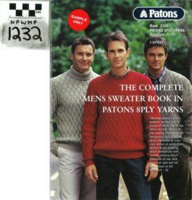 Patons knitting pattern cover with three men modeling sweaters and text “The Complete Men’s Sweater Book”