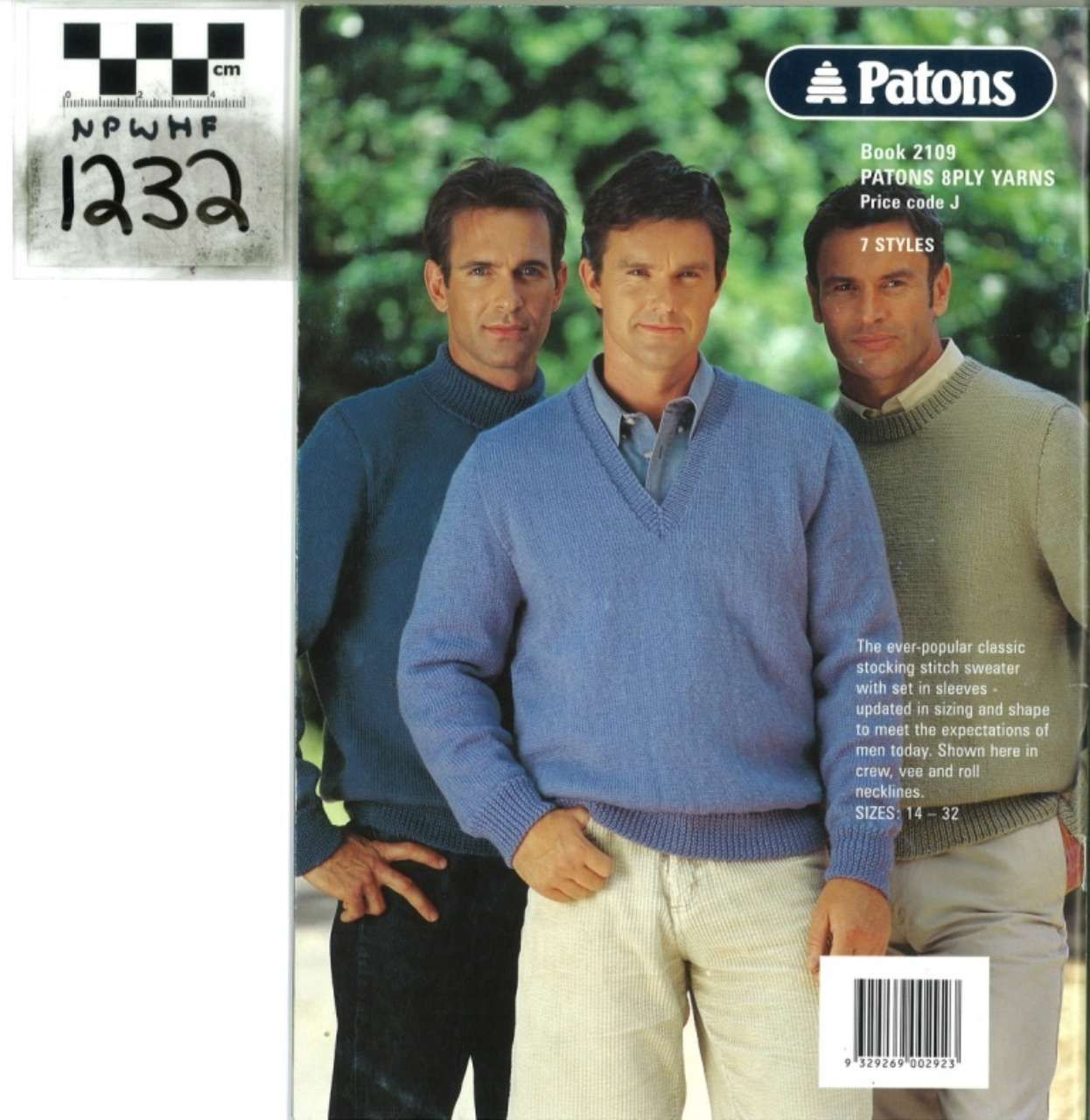 Patons sweater pattern cover with three men modeling blue and gray knit pullovers and cream pants