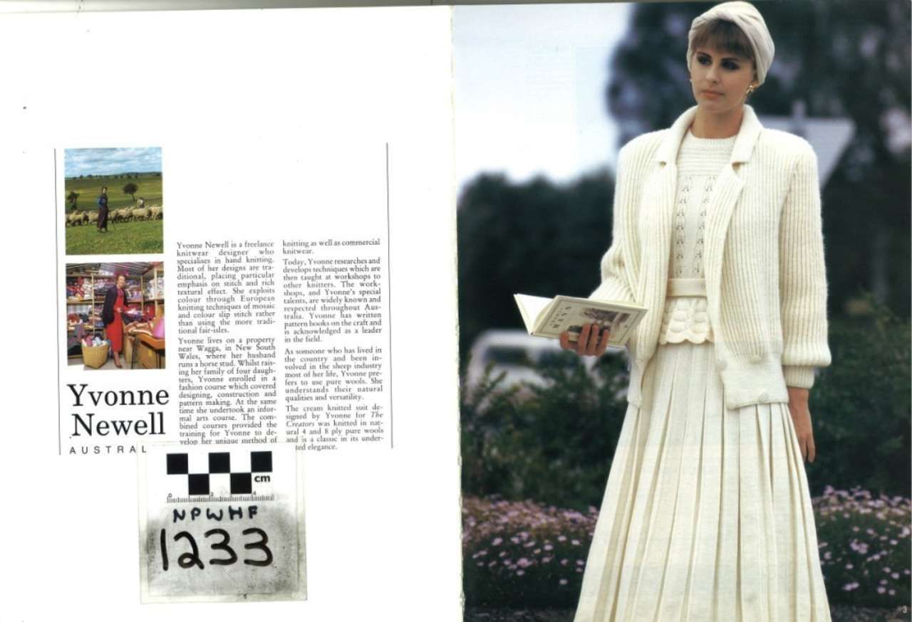 Magazine spread featuring a woman in a cream dress and jacket, with text and photos on the left page.