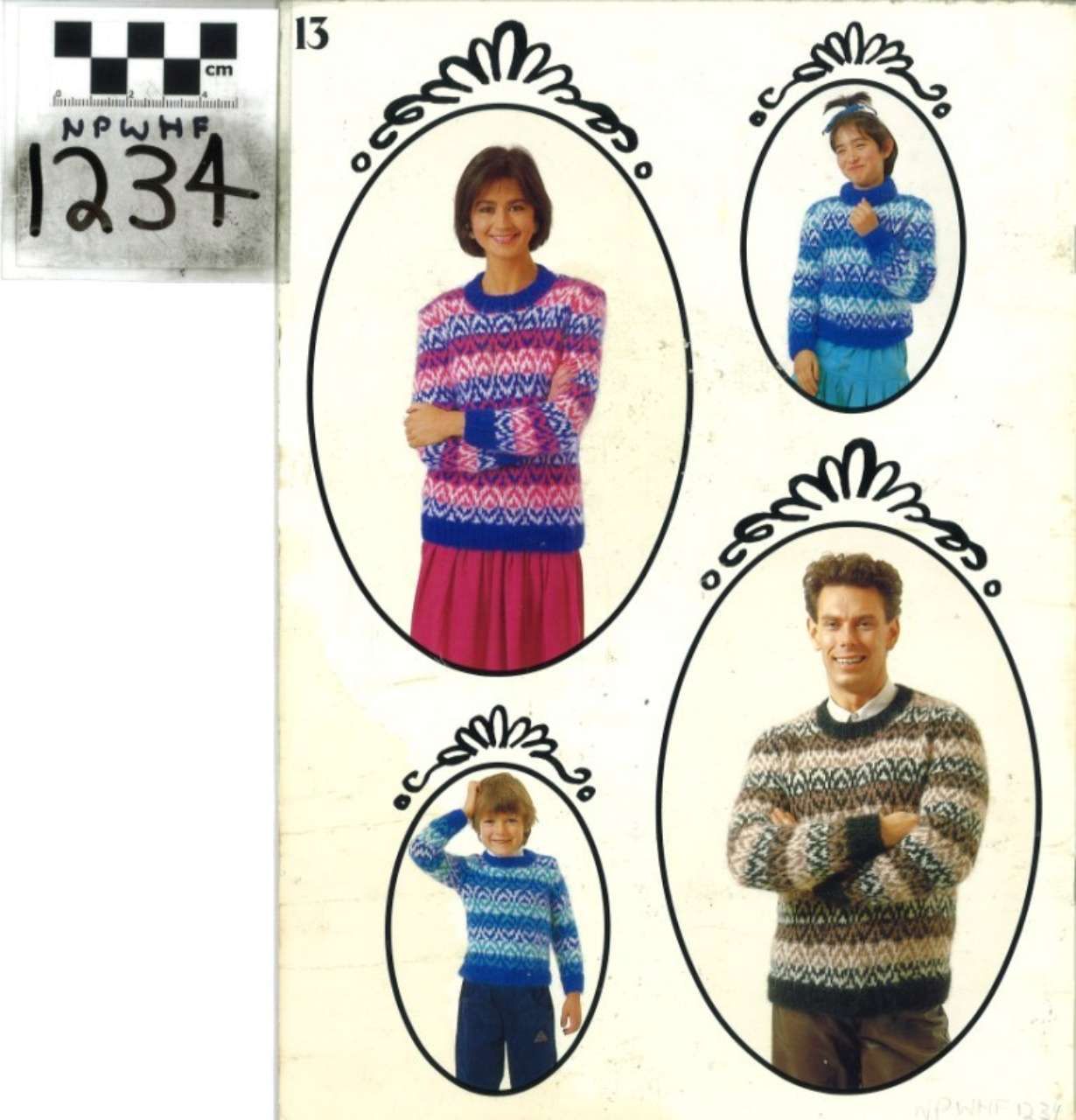 Four people modeling colorful knit sweaters in oval frames, with a small crochet square labeled 1234.