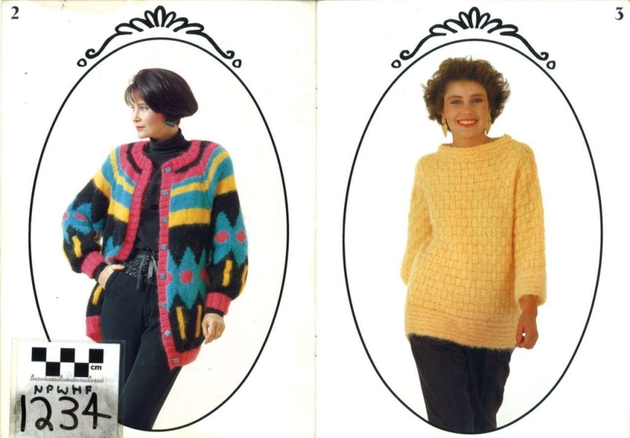 Two fashion models wearing colorful knit tops, each posed in an oval frame on a catalog page