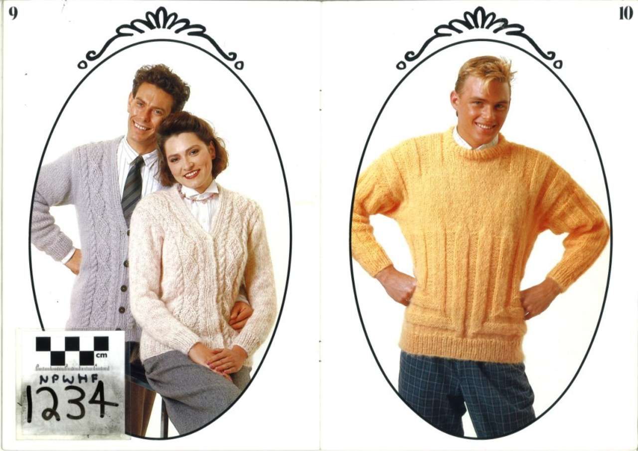 Two sweater styles modeled in oval frames: white cardigan with navy pants and yellow cable-knit sweater with jeans