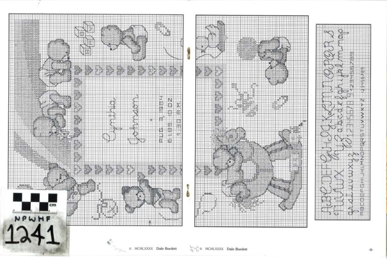 Gridded craft pattern sheet with cartoon teddy bears and a small black-and-white label reading “1241”