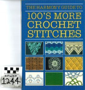 Book cover reading “The Harmony Guide to 100’s More Crochet Stitches” in blue and gold.