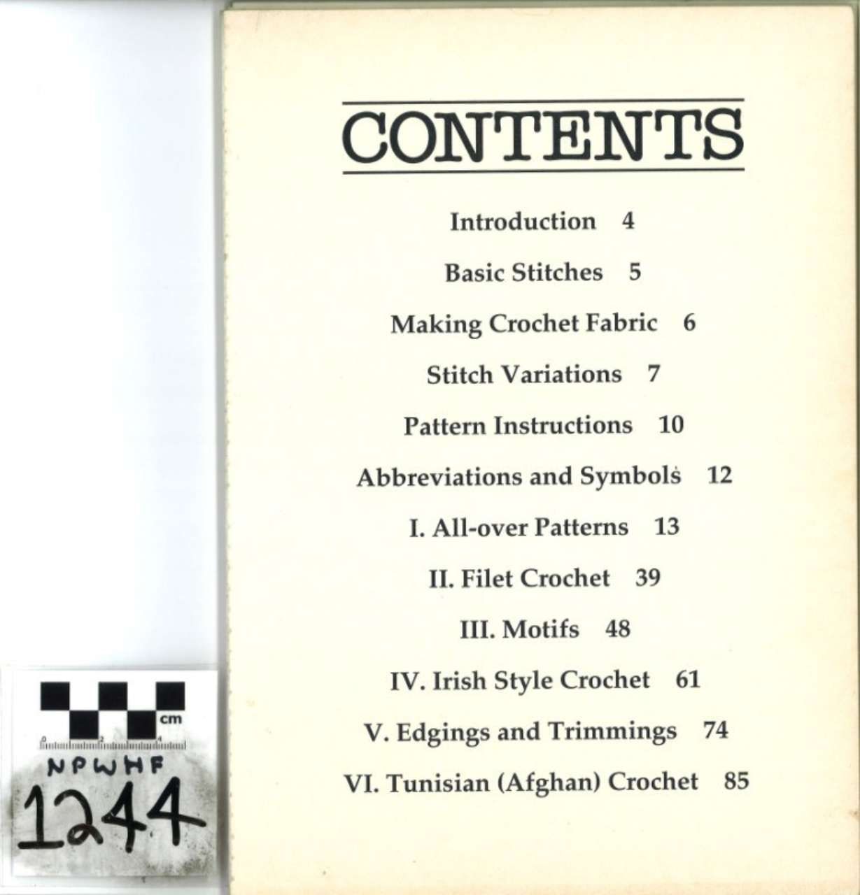 Contents page of a crochet book listing sections and page numbers, with a small numbered label at bottom left