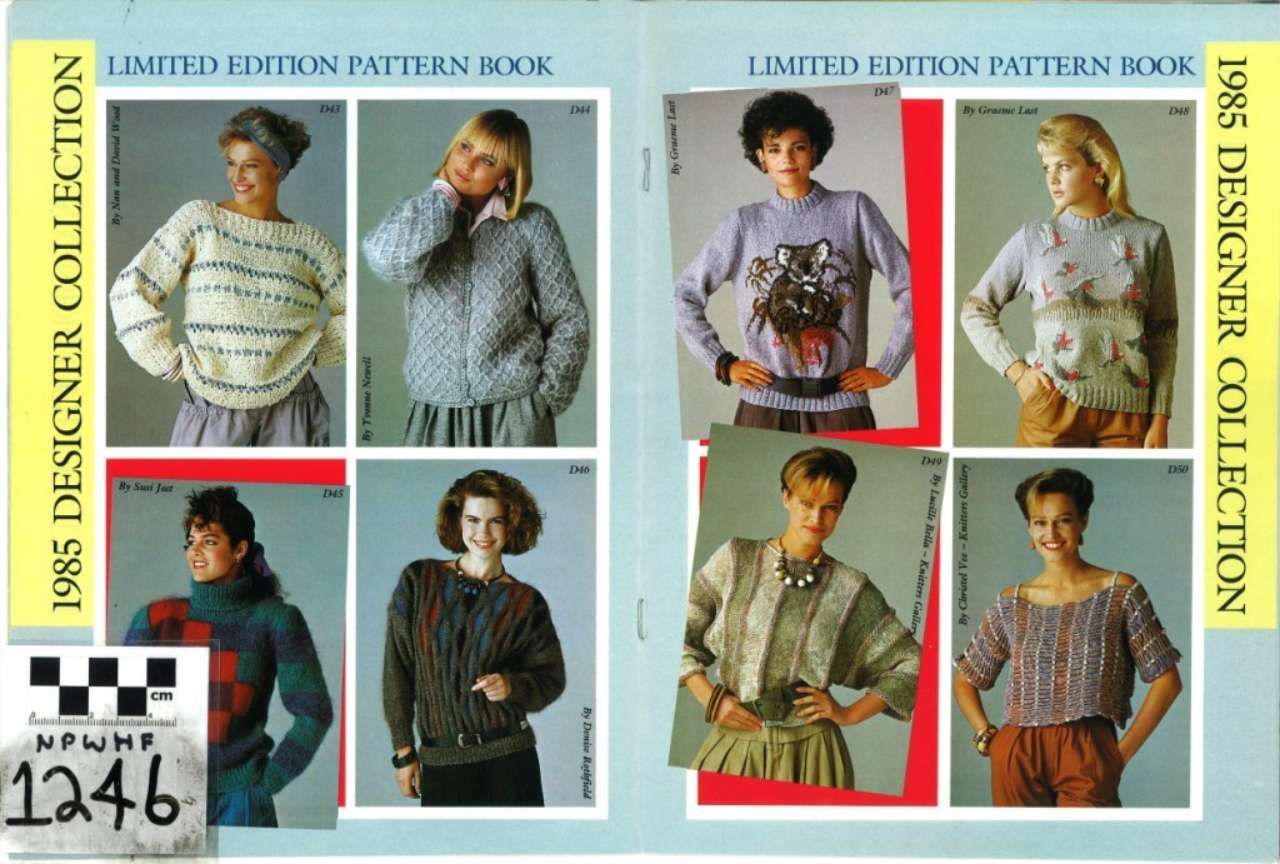 Knitting pattern catalog cover showing six sweater photos in blue, gray, red, and brown panels