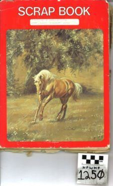 Red scrapbook cover with a painting of a brown horse in a grassy field