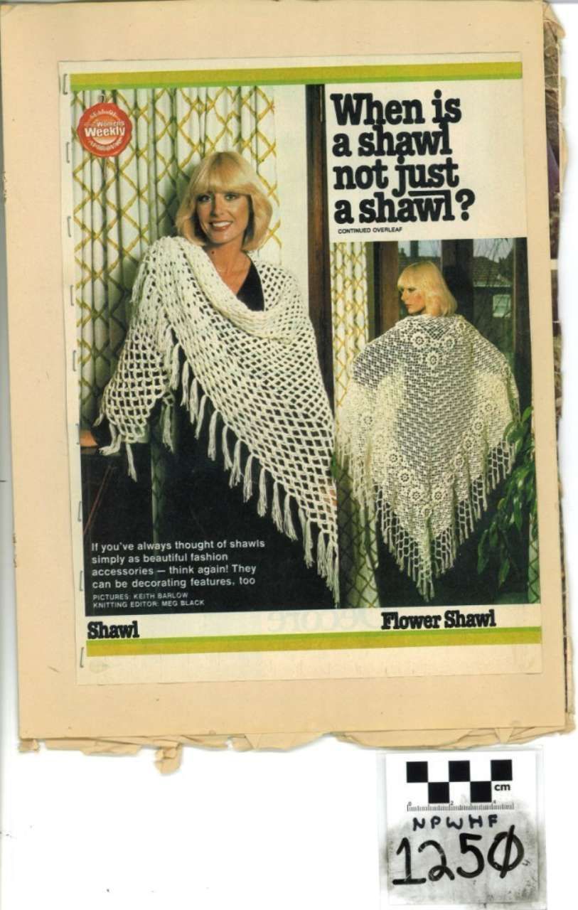 Magazine ad showing a woman modeling a white shawl with the headline “When is a shawl not just a shawl?”