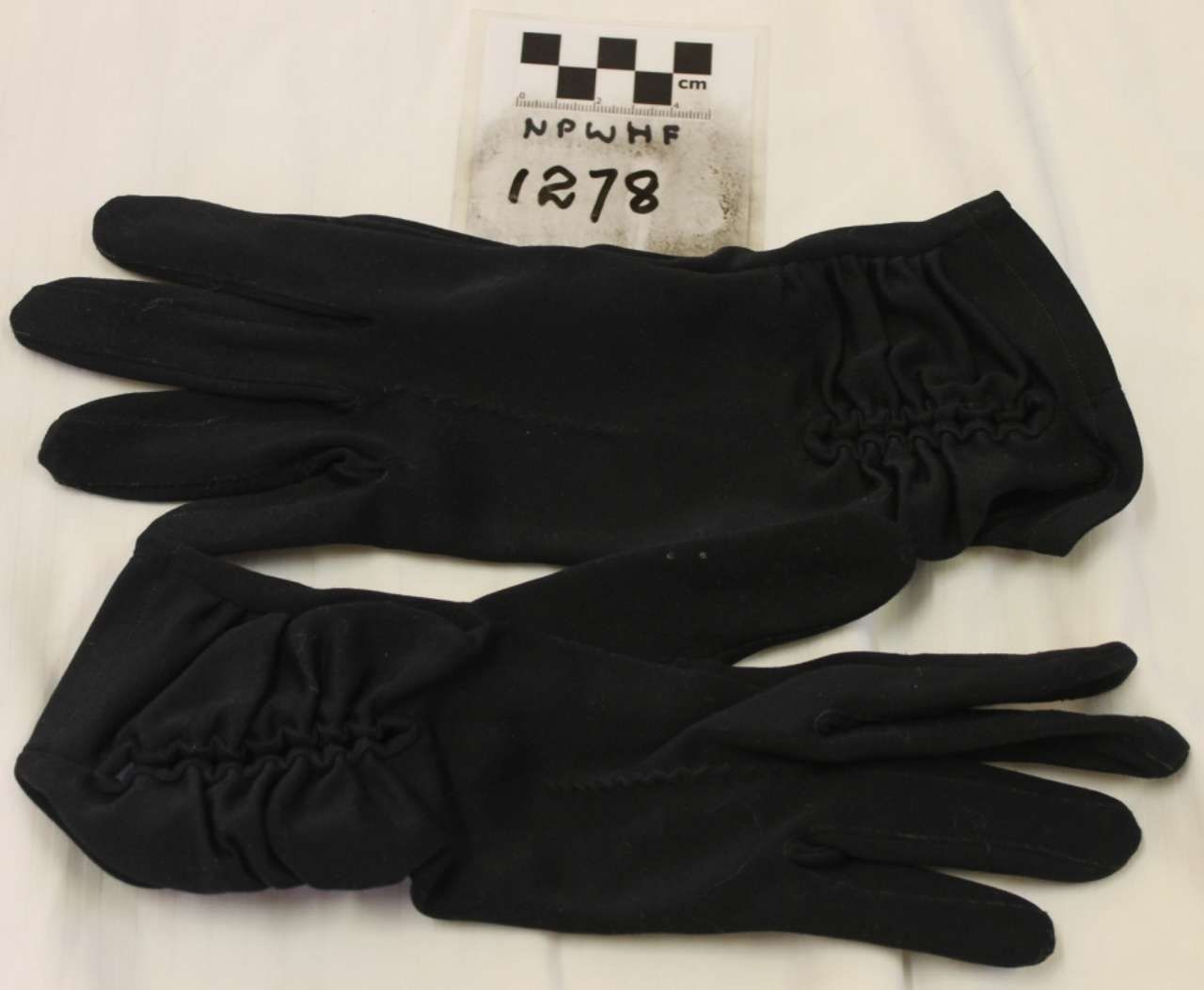 Two black gloves laid side by side on a white background with a small numbered label above them