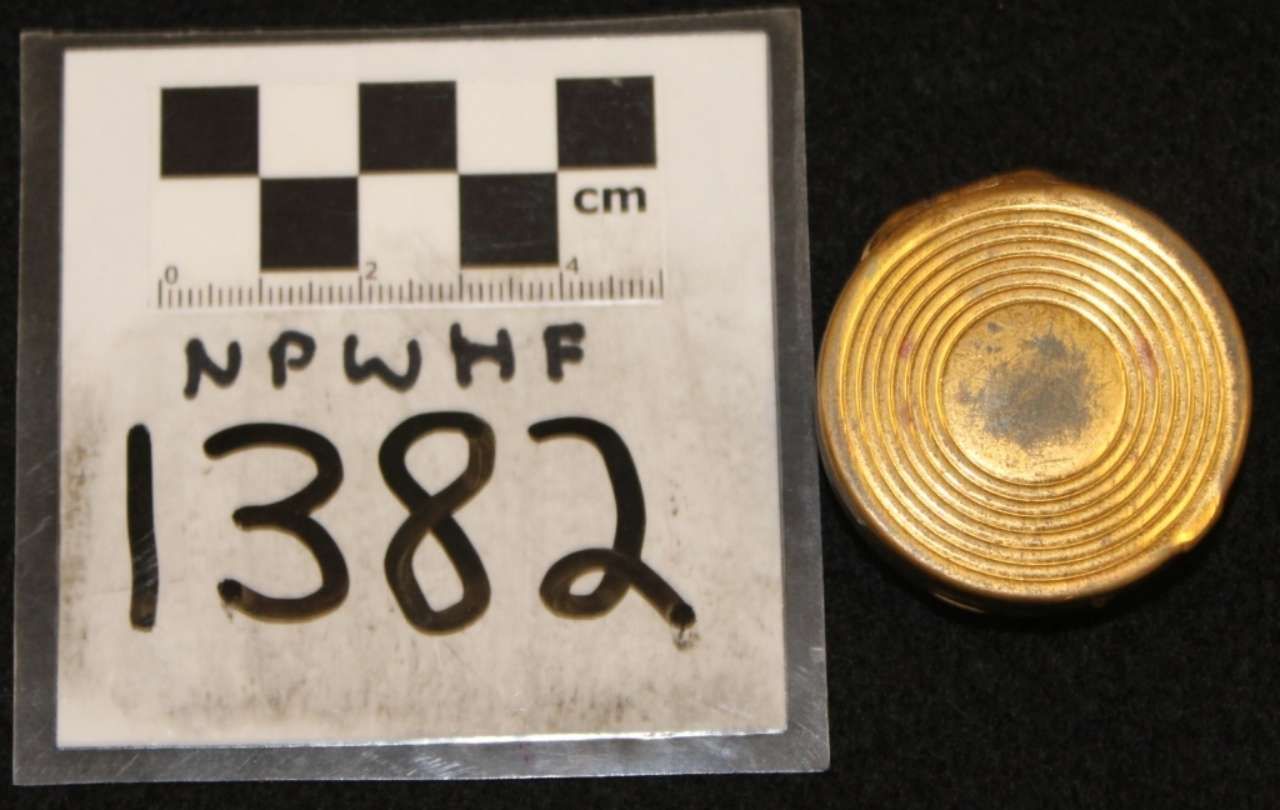 Gold circular object next to a measurement card labeled “1382” on a black background