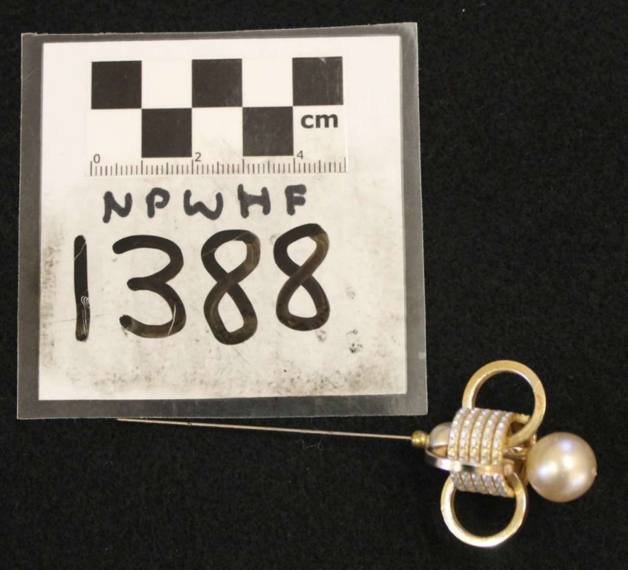 Gold earring with pearl beside a labeled measurement card on a black background