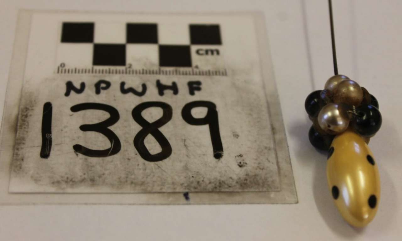 Numbered evidence card with 389 and black-and-white checker markers beside a small yellow-and-black object