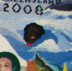 Close-up of a person in snow with “2008” text visible above