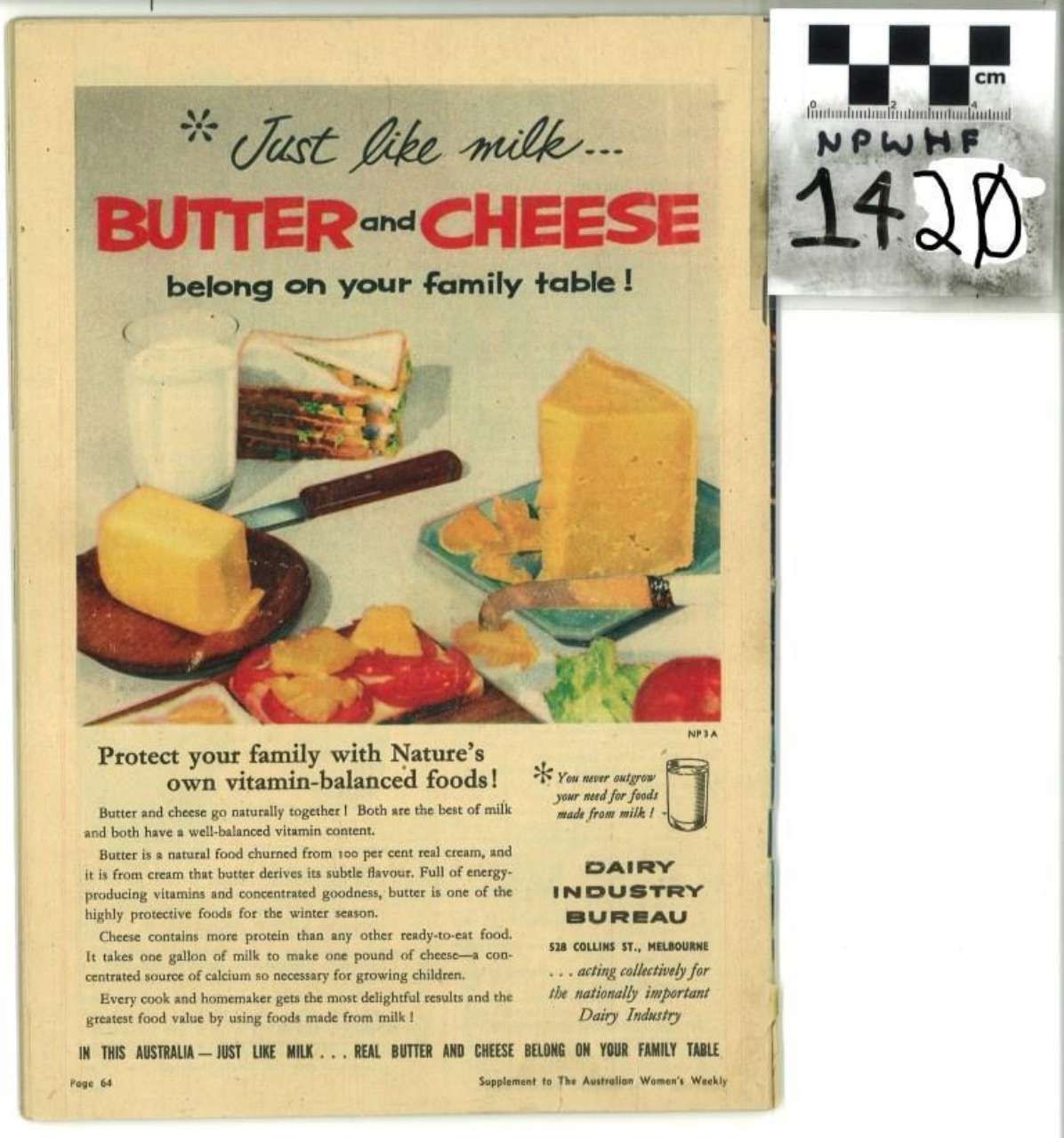 Vintage Butter and Cheese ad with cheese blocks, bread, and dairy packaging on a cream background