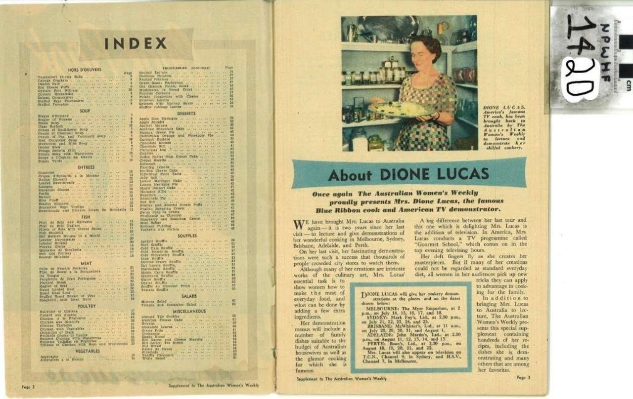 Magazine page with an index, a small color photo, and an article titled “About DIONE LUCAS”