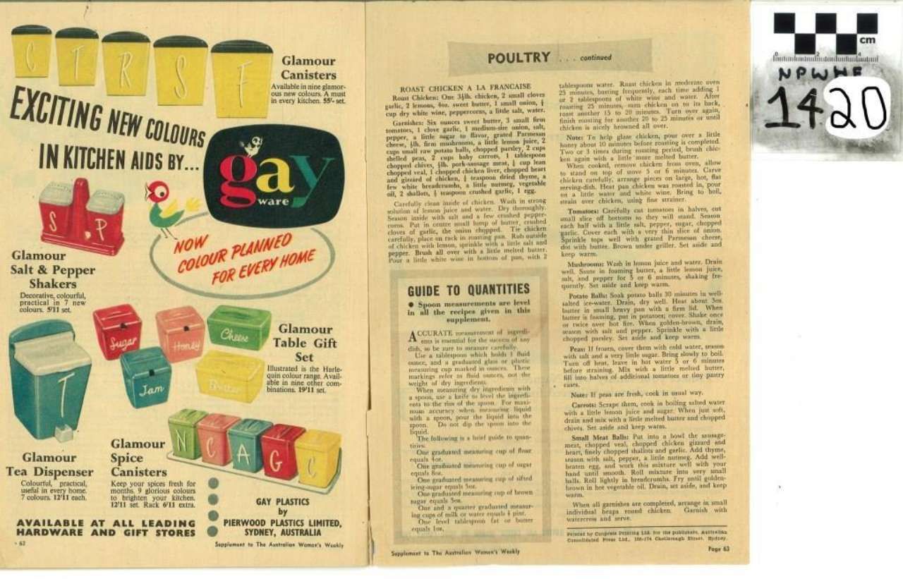 Open magazine spread on paper recycling and “gay” sticker ad, with columns of text and colorful bins illustration