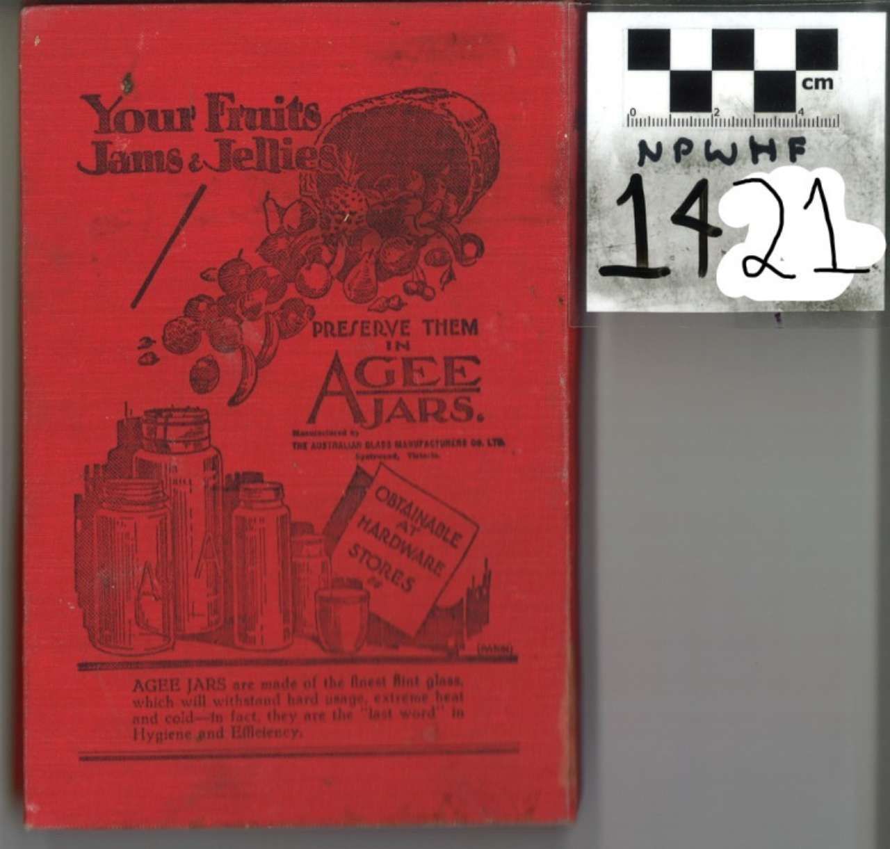 Red vintage poster for James J. Jeffries and Agee Jars with a small black-and-white measurement card beside it