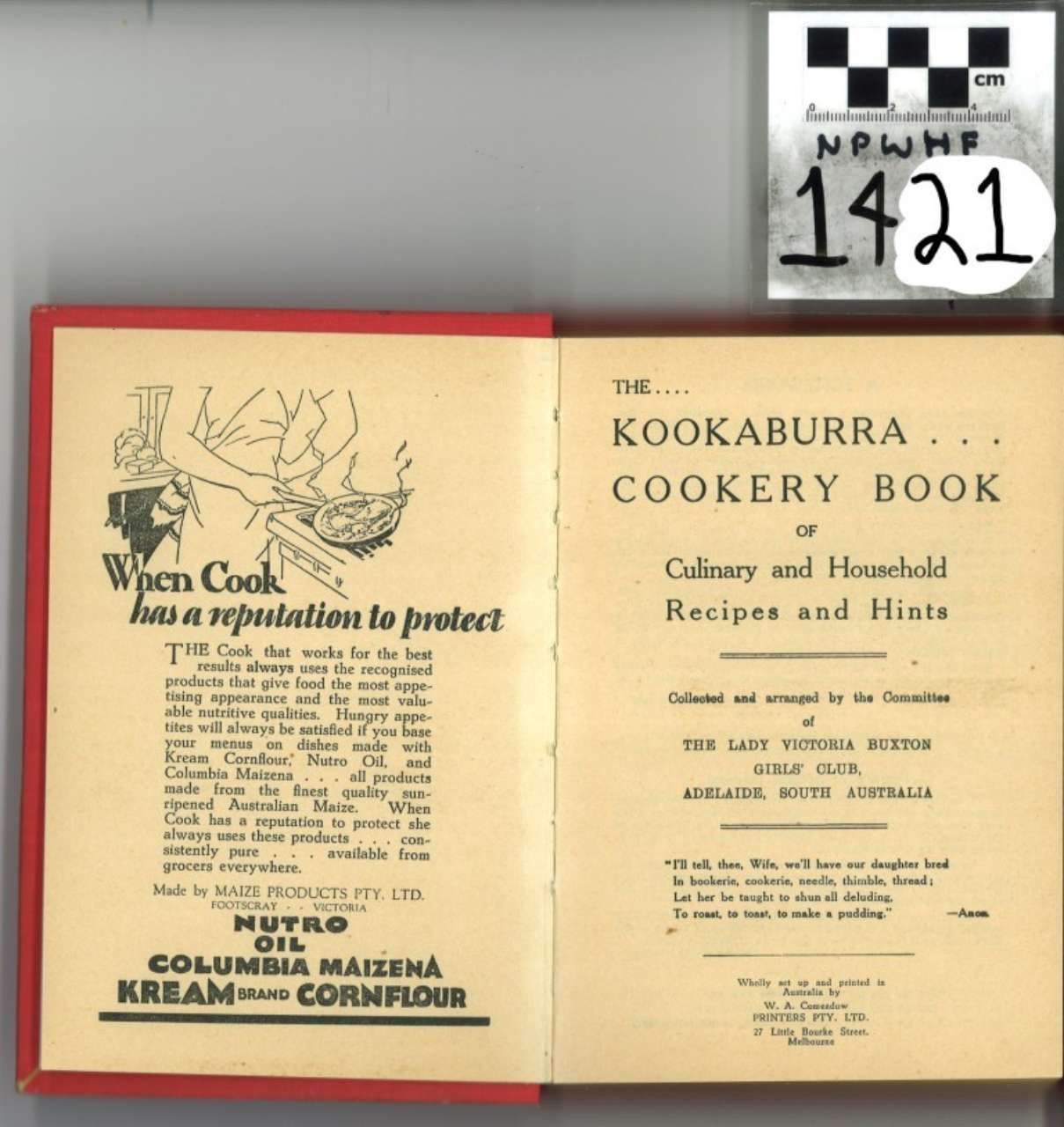 Open cookbook titled “Kookaburra Cookery Book” beside an illustrated ad page.